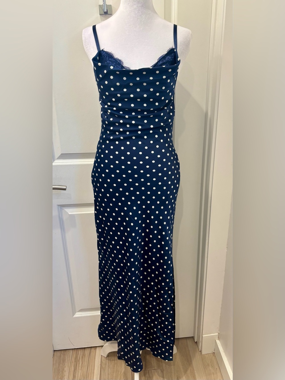 NWT Jessica Simpson Navy and White Polka Dot Maxi Slip Dress - XS